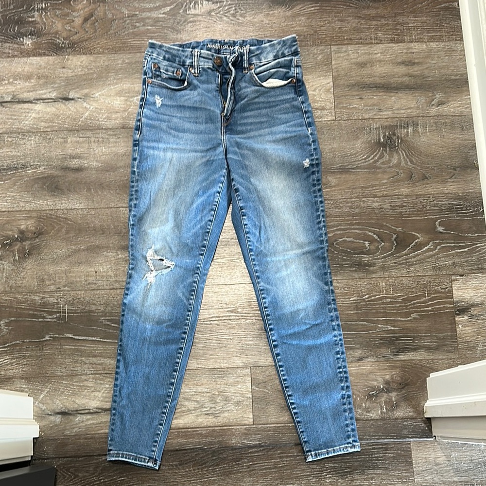 American Eagle Blue Skinny Jeans Distressed High-Rise